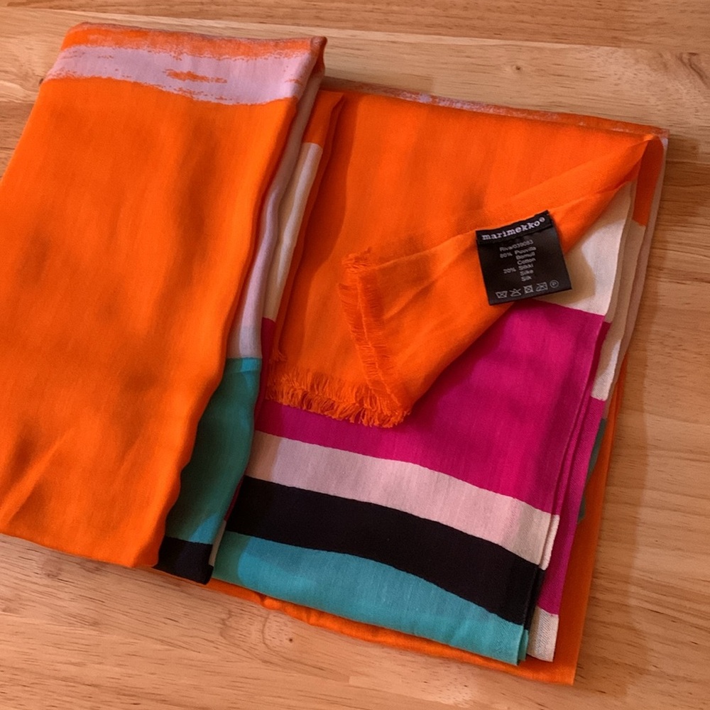 Marimekko Vibrant Multicolor Scarf cotton & silk blend Watercolor, fringe wrap